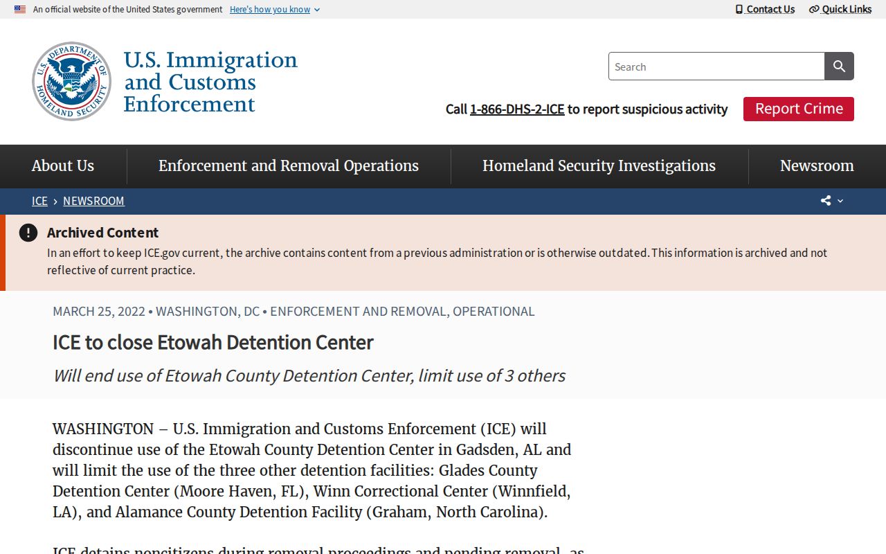 Etowah County ICE 2022 detention center discontinuation announcement