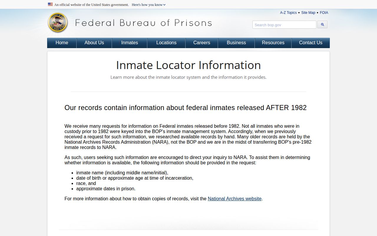 Etowah County federal BOP locator release date field explanation