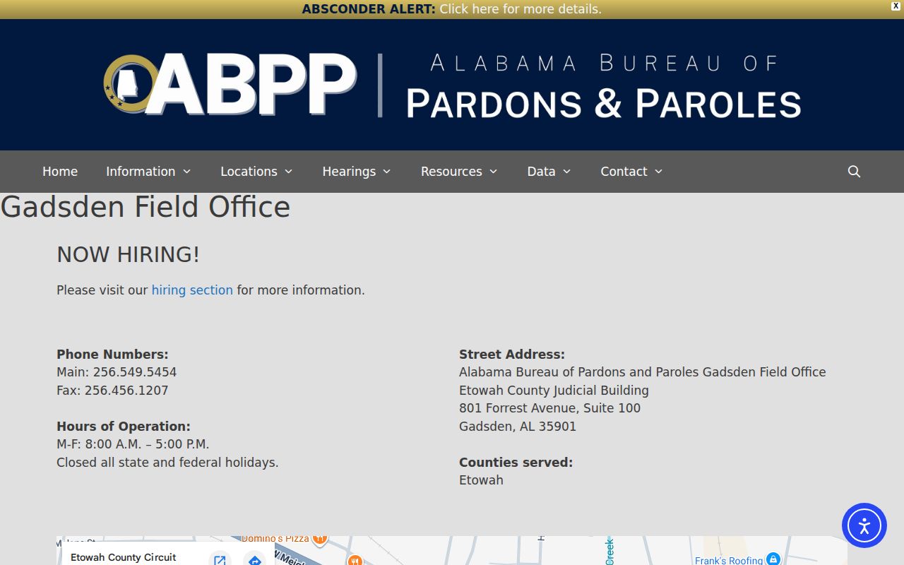 Etowah County post-release supervision ABPP Gadsden Field Office page